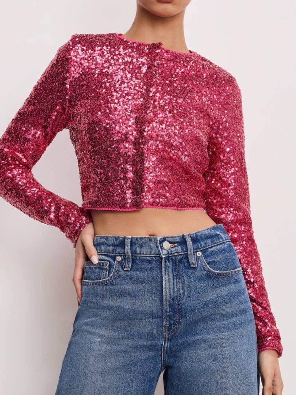 Good American Pink Sequin Long-Sleeve Cardigan - Barbie!